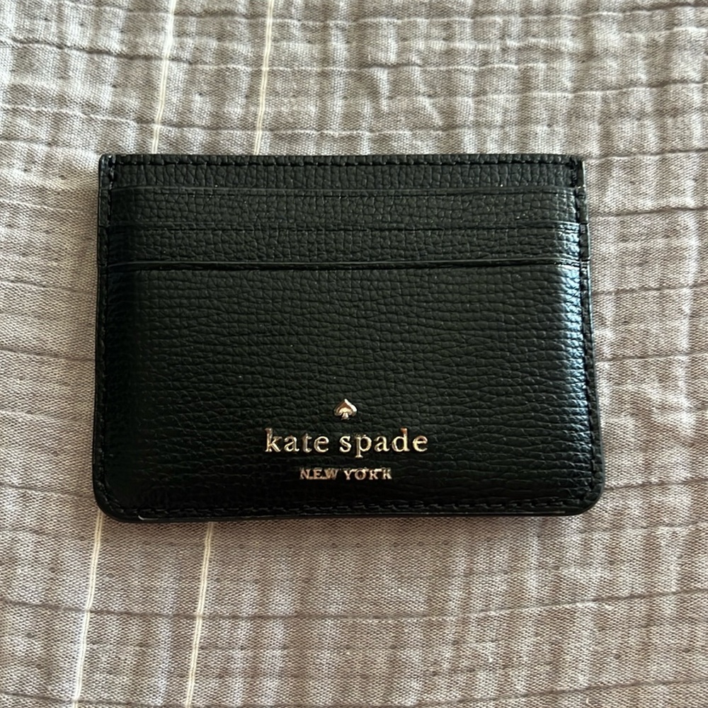 kate spade Black Pebbled Leather Card Holder with Gold Logo